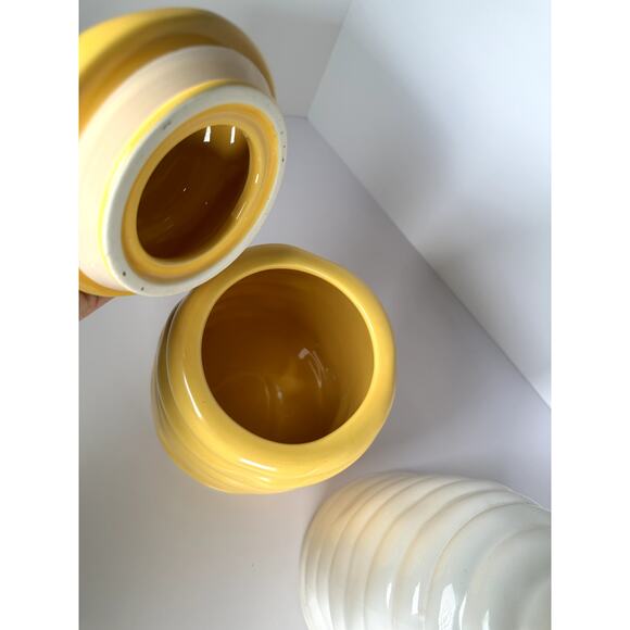 Rae Dunn Bee Sweet (Yellow) & Bee Kind (White) Coil Storage Jars w/Bee Lids NWOT - Picture 8 of 13